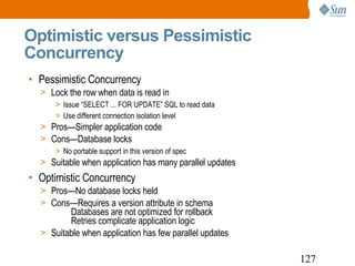 Optimistic versus Pessimistic Concurrency Pessimistic Concurrency Lock the row when data is read in Issue “SELECT ... FOR UPDATE” SQL to read data Use different connection isolation level Pros—Simpler application code Cons—Database locks No portable support in this version of spec Suitable when application has many parallel updates Optimistic Concurrency Pros—No database locks held Cons—Requires a version attribute in schema   Databases are not optimized for rollback   Retries complicate application logic Suitable when application has few parallel updates 