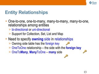 Entity Relationships One-to-one, one-to-many, many-to-many, many-to-one, relationships among entities bi-directional  or  uni-directional Support for Collection, Set, List and Map Need to specify  owning  side  in  relationships Owning side table has the  foreign key OneToOne  relationship – the side with the   foreign key OneTo Many ,  Many ToOne  –  many   side 