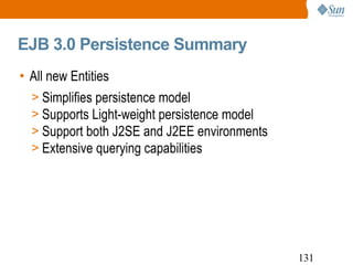 EJB 3.0 Persistence Summary All new Entities Simplifies persistence model Supports Light-weight persistence model Support both J2SE and J2EE environments Extensive querying capabilities 