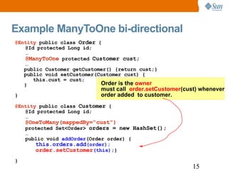 Example ManyToOne bi-directional Order is the  owner must call  order.setCustomer (cust) whenever order added  to customer.  @Entity  public class  Order  { @Id protected Long id; … @ManyToOne  protected  Customer cust; … public Customer getCustomer() {return cust;} public void  setCustomer (Customer cust) { this.cust = cust; } } @Entity  public class  Customer  { @Id protected Long id; … @OneToMany(mappedBy=“cust”) protected Set<Order>  orders = new HashSet(); … public void  addOrder (Order order) { this.orders.add (order); order.setCustomer (this); } } 