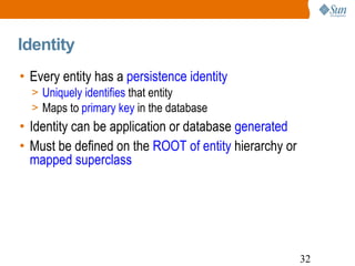 Identity Every entity has a  persistence identity Uniquely identifies  that entity Maps to  primary key  in the database Identity can be application or database  generated Must be defined on the  ROOT of entity  hierarchy or  mapped superclass 