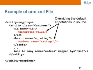 Example of orm.xml File <entity-mappings> <entity class=”Customer”> <id name=”id”> <generated-value/> </id> <basic name=”c_rating”> <column name=”ratings”/> </basic> ... <one-to-many name=”orders” mapped-by=”cust”/> </entity> ... </entity-mappings> Overriding the default annotations in source 