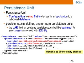 Persistence Unit Persistence Unit  Configuration  to  map   Entity  classes in an  application  to a relational  database persistence.xml defines one or more persistence units the  JAR  file that contains persistence.xml will be  scanned   for any  classes  annotated with  @Entity   < persistence  version="1.0"  xmlns =" http://java.sun.com/xml/ns/persistence "> < persistence-unit  name=" OrderPU " transaction-type="JTA"> < provider > org.hibernate.HibernatePersistence </provider> < jta-data-source > jdbc/order </jta-data-source>   < jar-file >../lib/order.jar</jar-file> < class >com.acme.Order</class> </persistence-unit> </persistence> Optional to define entity classes 