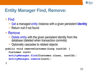 Entity Manager Find, Remove:  Find Get  a managed  entity  instance with a given persistent  identity Return null if not found Remove Delete entity  with the given persistent identity from the database (deleted when transaction commits) Optionally cascades to related objects public void removeCustomer(Long custId) { Customer cust= entityManager.find (Customer.class, custId); entityManager.remove (cust); } 
