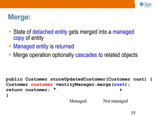 Merge:  State of  detached entity  gets merged into a  managed copy  of entity Managed entity  is  returned   Merge operation optionally  cascades  to related objects public Customer storeUpdatedCustomer(Customer cust) { Customer  customer  =entityManager.merge( cust ); return customer; }   Managed Not managed 