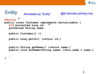 Entity Annotated as “Entity” @Id denotes primary key @Entity public class Customer implements Serializable { @Id  protected Long id; protected String name; public Customer() {} public Long getId() {return id;} public String getName() {return name;} public void setName(String name) {this.name = name;} … } 