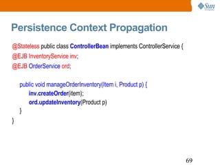 Persistence Context Propagation <ul><li>@Stateless  public class  ControllerBean  implements ControllerService { </li></ul...