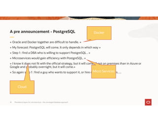 Persistence layers for microservices – the converged database approach14
« Oracle and Docker together are difficult to handle. »
« My forecast: PostgreSQL will come. It only depends in which way »
« Step 1 : find a DBA who is willing to support PostgreSQL . »
« Microservices would gain efficiency with PostgreSQL. »
« I know it does not fit with the official strategy, but it will come. If not on premises than in Azure or
Google and probably overnight, but it will come.»
« So again step 1 : find a guy who wants to support it, or hire on, do what it needs….
A pre announcement - PostgreSQL Docker
Micro Services
Cloud
 