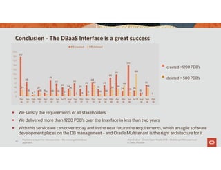 Conclusion - The DBaaS Interface is a great success
We satisfy the requirements of all stakeholders
We delivered more than 1200 PDB’s over the Interface in less than two years
With this service we can cover today and in the near future the requirements, which an agile software
development places on the DB management - and Oracle Multitenant is the right architecture for it
177
65
5
27
16
73
57
40
34
58
33
49
64
31
49
83
98
24
139
26
16
51
1
29
16
9
15 11 14 13 9
28
2 5 9
51
11 14
29 34
48
21
101
2
35
0
20
40
60
80
100
120
140
160
180
200
Dez
16
Jan
17
Feb
17
Mär
17
Apr
17
Mai
17
Jun
17
Jul 17 Aug
17
Sep
17
Okt
17
Nov
17
Dez
17
Jan
18
Feb
18
Mär
18
Apr
18
Mai
18
Jun
18
Jul 18 Aug
18
Sep
18
Okt
18
DB created DB deleted
created +1200 PDB’s
deleted + 500 PDB’s
Persistence layers for microservices – the converged database
approach
Alain Fuhrer - Oracle Open World 2018 – Multitenant Microservices
in Swiss Mobiliar
62
 