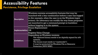 Accessibility Features
Persistence, Privilege Escalation
5
Description
Windows contains accessibility features that may be
launched with a key combination before a user has logged
in (for example, when the user is on the Windows logon
screen). An adversary can modify the way these programs
are launched to get a command prompt or backdoor
without logging in to the system.
Implementation
Binary Replacement
OR
Registry Value Change
Limitations
Depending on Windows versions
The replaced binary needs to be digitally signed for x64
systems,
The binary must reside in %systemdir%
It must be protected by Windows File or Resource
Protection (WFP/WRP)
 