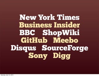 New York Times
                     Business Insider
                     BBC ShopWiki
                      GitHub Meebo
                   Disqus SourceForge
                        Sony Digg

Saturday, April 10, 2010
 