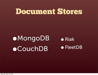 Document Stores


                      •    MongoDB   • Riak
                      • CouchDB      • FleetDB

Saturday, Ap...