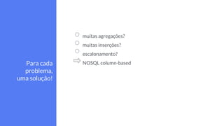 muitas agregações?
muitas inserções?
escalonamento?
NOSQL column-basedPara cada
problema,
uma solução!
 