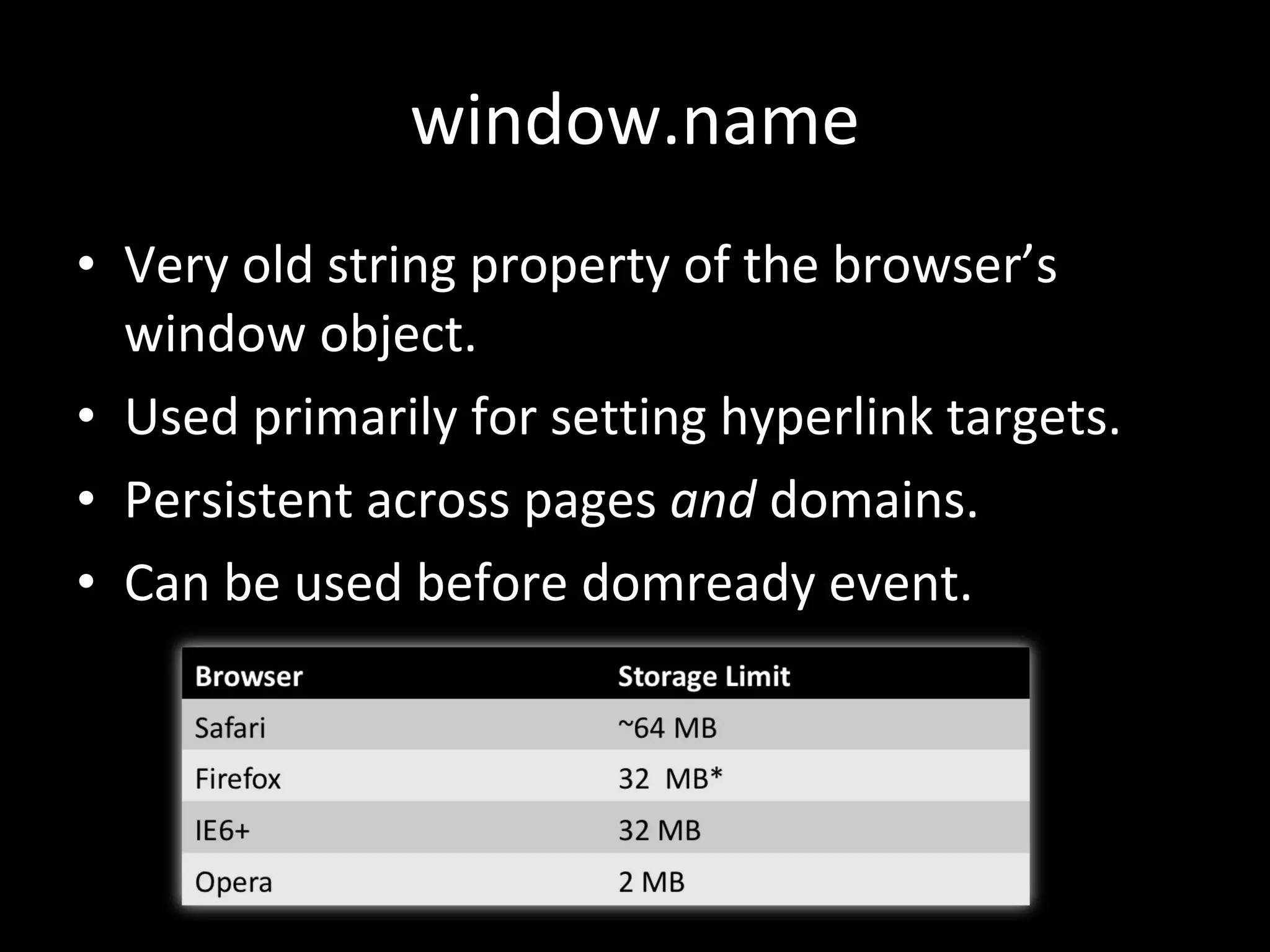 window.name Very old string property of the browser’s window object. Used primarily for setting hyperlink targets. Persistent across pages  and  domains. Can be used before domready event. 