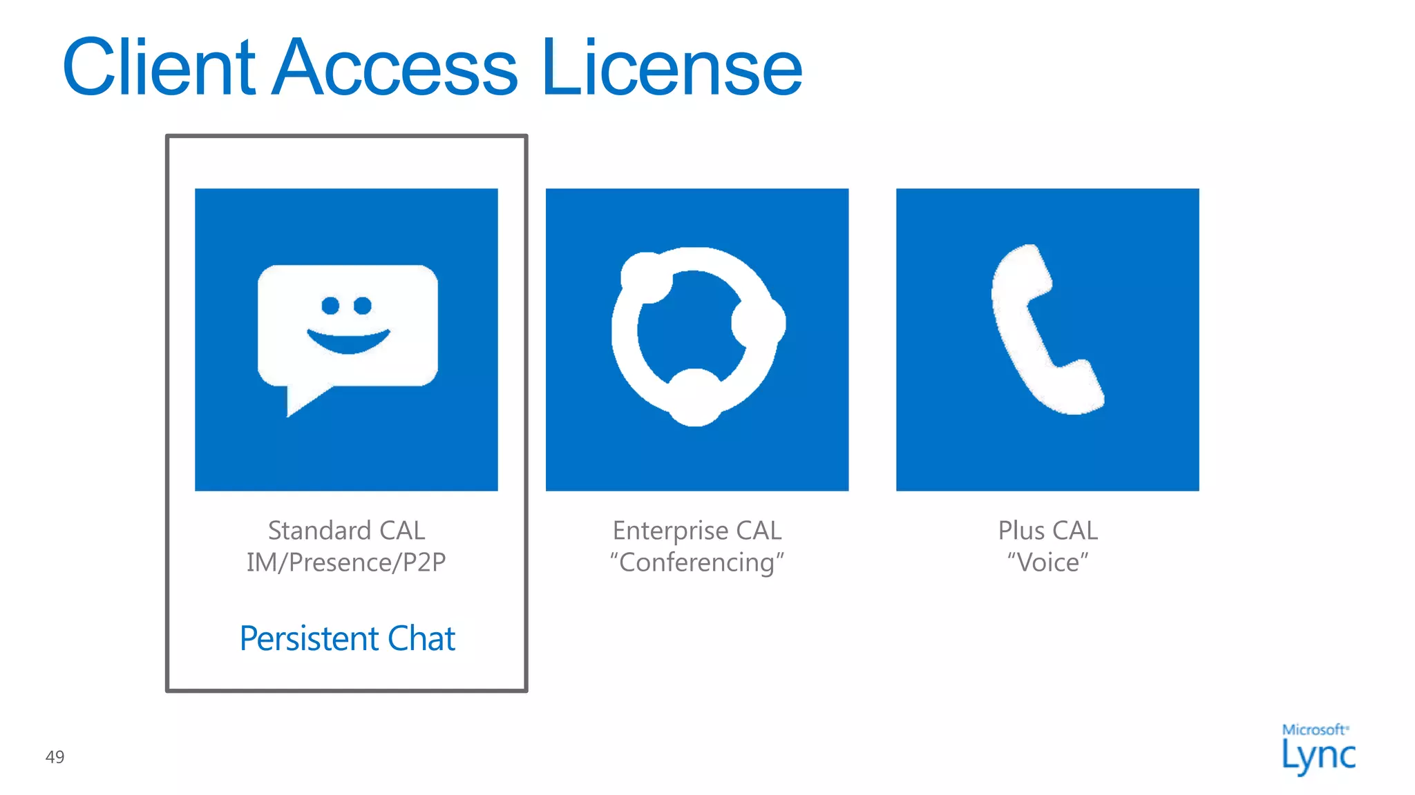 Standard CAL    Enterprise CAL   Plus CAL
     IM/Presence/P2P   “Conferencing”    “Voice”

     Persistent Chat


49
 