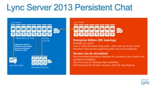 Lync Pool A                                         Lync Pool B




        Dependent Lync Pool               XCCOS
                                          over SIP   Enterprise Edition (EE) topology
     Registration Session
                                                     Multiple Lync pools
     Initiation Protocol (SIP)                       One or more Persistent Chat pools – Each with up to four active
     Chat communication
     (XCCOS over SIP)
                                                     Persistent Chat servers supporting 80K concurrent endpoints

                                                     Servers can be virtualized
                                                     Recommended standalone database for persistent chat content and
                                                     compliance database
    L
                                                     SQL mirroring for database high availability
Lync 2013 Client                                     Stretched pool for disaster recovery, with SQL log shipping
                             Persistent Chat Pool
 