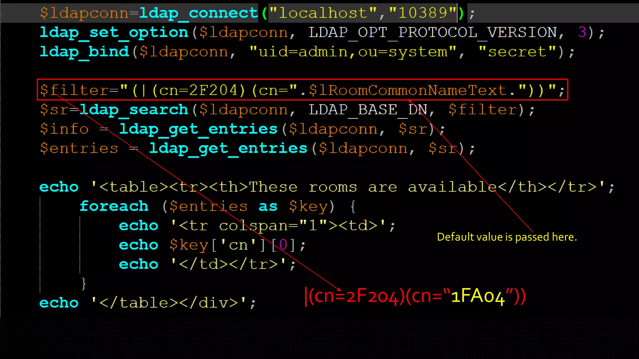 Default value is passed here.
|(cn=2F204)(cn=“1FA04”))
 