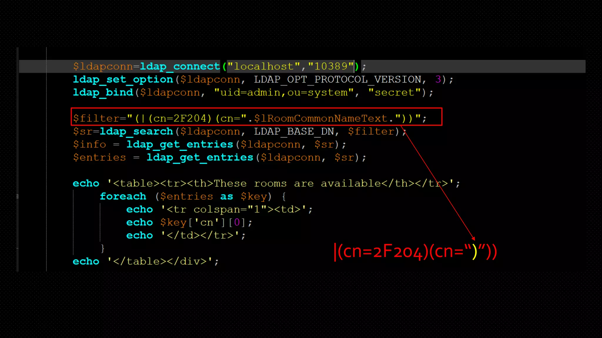 |(cn=2F204)(cn=“)”))
 
