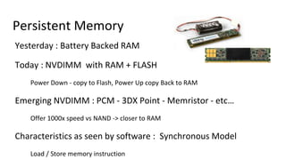 Persistent Memory
Yesterday : Battery Backed RAM
Today : NVDIMM with RAM + FLASH
Power Down - copy to Flash, Power Up copy...