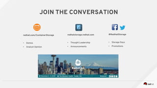 JOIN THE CONVERSATION
redhat.com/ContainerStorage
• Demos
• Analyst Opinion
@RedHatStorage
• Storage Days
• Promotions
redhatstorage.redhat.com
• Thought Leadership
• Announcements
 