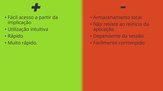 +

• Fácil acesso a partir da
implicação
• Utilização intuitiva
• Rápido
• Muito rápido.

-

• Armazenamento local
• Não resiste ao reinicio da
aplicação
• Dependente da sessão
• Facilmente corrompido

 