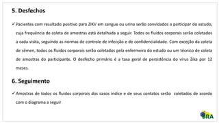 5. Desfechos
Pacientes com resultado positivo para ZIKV em sangue ou urina serão convidados a participar do estudo,
cuja frequência de coleta de amostras está detalhada a seguir. Todos os fluidos corporais serão coletados
a cada visita, seguindo as normas de controle de infecção e de confidencialidade. Com exceção da coleta
de sêmen, todos os fluidos corporais serão coletados pela enfermeira do estudo ou um técnico de coleta
de amostras do participante. O desfecho primário é a taxa geral de persistência do vírus Zika por 12
meses.
6. Seguimento
Amostras de todos os fluidos corporais dos casos índice e de seus contatos serão coletados de acordo
com o diagrama a seguir
 