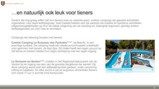 …en natuurlijk ook leuk voor tieners
Ouders die nog graag willen dat hun tieners mee op vakantie gaan, zoeken campings die gepaste activiteiten
organiseren voor deze leeftijdsgroep. Veel Castels hebben een rijk aanbod van ludieke en sportieve activiteiten,
uitgaansmogelijkheden op of in de nabije omgeving van de camping en, belangrijk argument, genoeg andere
leeftijdsgenoten om zich mee te vermaken.
Campings die rekening houden met tieners:
Castels Camping Le Ruisseau des Pyrénées, bij Biarritz, is een
prachtige surfplek. De camping heeft een ideale accommodatie ontwikkeld
voor gezinnen met tieners: de Kaz Spa. Dit chalet heeft een eigen jacuzzi op
het terras en tieners hebben hun eigen verdieping met een eigen ingang.
Le Domaine du Verdon****, midden in het Regionaal Natuurpark van de
Verdon bij de ingang van een van de grootste bergkloven ter wereld. Op
deze camping wordt veel aan wildwatersporten gedaan, zoals canyoning,
rafting en kajakken. En elke avond in juli en augustus verzamelen tieners
zich vanaf 11 uur 's avonds rond kampvuren.
28
 