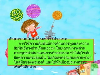 ด้ำ นควำมสัม พัน ธ์ร ะหว่ำ งประเทศ
         กำรใช้ควำมสัมพันธ์ทำงด้ำนกำรทูตและควำม
    สัมพันธ์ทำงด้ำนวัฒนธรรม โดยเฉพำะทำงด้ำน
    พระพุทธศำสนำแทนกำรทำำสงครำม ทำำให้สุโขทัย
    มีแต่ควำมสงบร่มเย็น ไม่เกิดสงครำมกับแคว้นต่ำงๆ
    ในสมัยของพระองค์ และได้หัวเมืองประเทศรำช
    เพิมขึ้นอีกด้วย
       ่
 