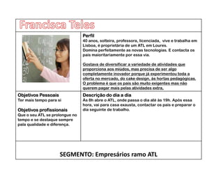 Perfil
                                40 anos, solteira, professora, licenciada, vive e trabalha em
                                Lisboa, é proprietária de um ATL em Loures.
                                Domina perfeitamente as novas tecnologias. E contacta os
                                pais maioritariamente por essa via.
                                   i    i i i                      i

                                Gostava de diversificar a variedade de atividades que
                                proporciona aos miúdos, mas precisa de ser algo
                                completamente inovador porque já experimentou toda a
                                oferta no mercado, do cake design, às hortas pedagógicas.
                                O problema é que os pais são muito exigentes mas não
                                querem pagar mais pelas atividades extra,
Objetivos Pessoais
  j                             Descrição do dia a dia
                                      ç
Ter mais tempo para si          Às 8h abre o ATL, onde passa o dia até às 19h. Após essa
                                hora, vai para casa exausta, contactar os pais e preparar o
Objetivos profissionais         dia seguinte de trabalho.
Que o seu ATL se prolongue no
tempo e se destaque sempre
t          d t
pala qualidade e diferença.




                     SEGMENTO: Empresários ramo ATL
 