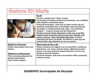 Perfil
                              35 anos, casada com 1 filha ( 4 anos)
                              Licenciada em Gestão de Recursos Humanos, vive em Mafra,
                              mas trabalha na Grande Lisboa.
                              Gosta d tecnologia , acha que as redes sociais são um
                              G      da       l i      h            d       i i ã
                              excelente contributo para a sociedade, mas não deixa de
                              privilegiar o contacto presencial, estar com a família e
                              amigos e no pouco tempo que tem disponível.
                              Devido ao pouco tempo disponível, sente que a sua filha
                              poderia estar um pouco mais fora de casa, interagir com
                              outras crianças , fazer atividades diferentes .A pouca
                              interação que tem é no jardim de infância e sinto que ela
                              poderia fazer algo diferente de vez em quando.
Objetivos Pessoais            Descrição do dia a dia
Passar mais tempo com a sua   Passa a semana em viagens e só vê a sua filha e marido ao
família;                      final do dia , por vezes, quando chega a Mariana já está a
                              dormir, e às vezes passa a semana toda fora, só vê a sua
Objetivos profissionais
Obj ti       fi i    i        família no final da semana
                                                  semana.
Tirar uma pós-graduação em    Ao fim de semana, está com o seu marido e filha, passeiam,
Gestão empresarial;           visitam os avós…
Fazer menos viagens.




                 SEGMENTO: Encarregados de Educação
 