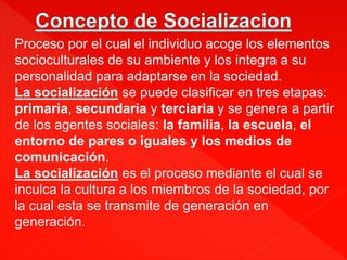 Proceso por el cual el individuo acoge los elementos
socioculturales de su ambiente y los integra a su
personalidad para adaptarse en la sociedad.
La socialización se puede clasificar en tres etapas:
primaria, secundaria y terciaria y se genera a partir
de los agentes sociales: la familia, la escuela, el
entorno de pares o iguales y los medios de
comunicación.
La socialización es el proceso mediante el cual se
inculca la cultura a los miembros de la sociedad, por
la cual esta se transmite de generación en
generación.
 