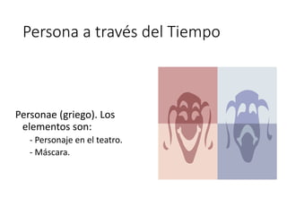 Persona a través del Tiempo
Personae (griego). Los
elementos son:
- Personaje en el teatro.
- Máscara.
 