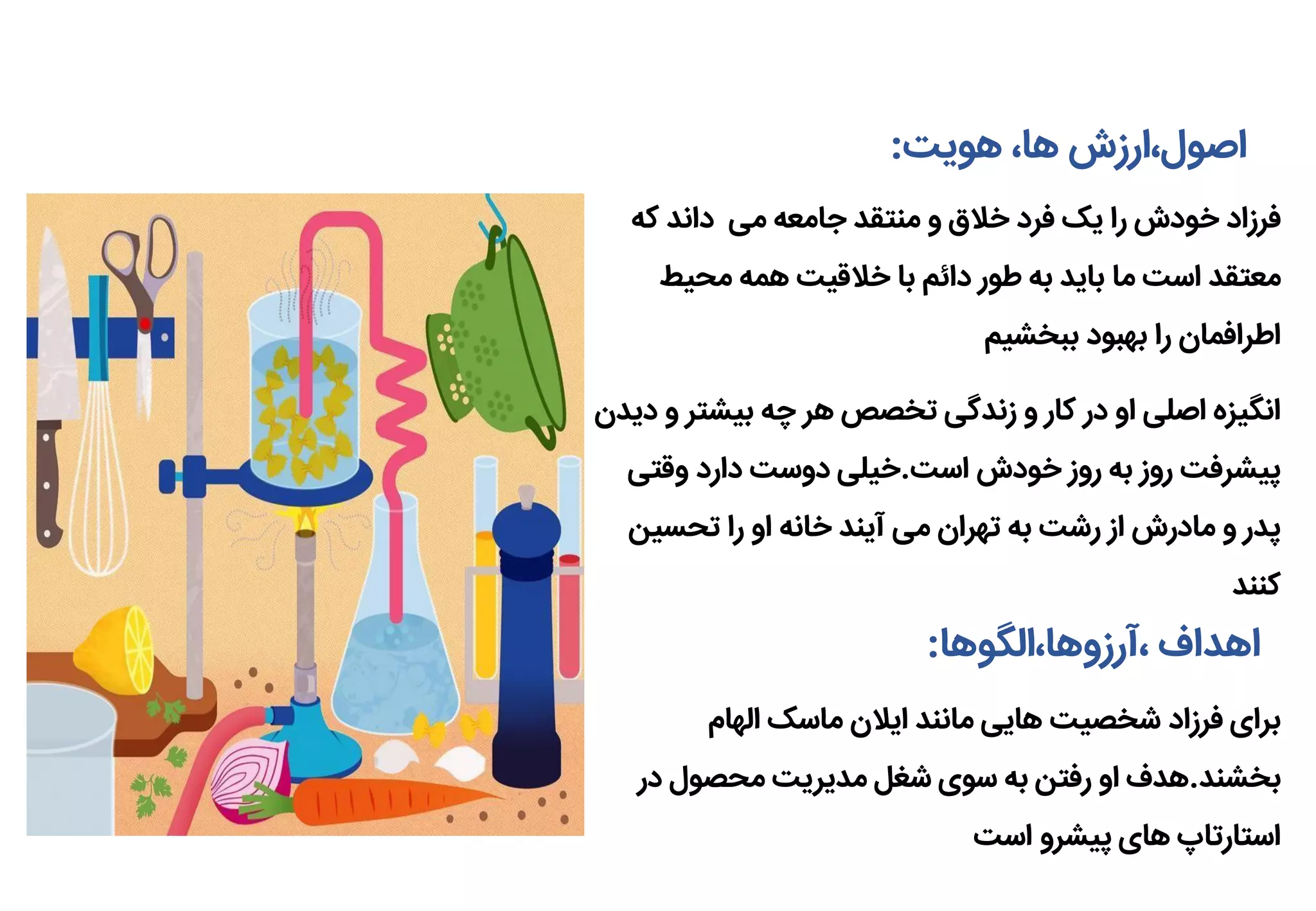 ‫هویت‬ ،‫ها‬ ‫اصول،ارزش‬:
‫که‬ ‫داند‬ ‫می‬ ‫جامعه‬ ‫منتقد‬ ‫و‬ ‫خالق‬ ‫فرد‬ ‫یک‬ ‫را‬ ‫خودش‬ ‫فرزاد‬
‫محیط‬ ‫همه‬ ‫خالقیت‬ ‫با‬ ‫دائم‬ ‫طور‬ ‫به‬ ‫باید‬ ‫ما‬ ‫است‬ ‫معتقد‬
‫ببخشیم‬ ‫بهبود‬ ‫را‬ ‫اطرافمان‬
‫دیدن‬ ‫و‬ ‫بیشتر‬ ‫چه‬ ‫هر‬ ‫تخصص‬ ‫زندگی‬ ‫و‬ ‫کار‬ ‫در‬ ‫او‬ ‫اصلی‬ ‫انگیزه‬
‫است‬ ‫خودش‬ ‫روز‬ ‫به‬ ‫روز‬ ‫پیشرفت‬.‫وقتی‬ ‫دارد‬ ‫دوست‬ ‫خیلی‬
‫تحسین‬ ‫را‬ ‫او‬ ‫خانه‬ ‫آیند‬ ‫می‬ ‫تهران‬ ‫به‬ ‫رشت‬ ‫از‬ ‫مادرش‬ ‫و‬ ‫پدر‬
‫کنند‬
‫،آرزوها،الگوها‬ ‫اهداف‬:
‫الهام‬ ‫ماسک‬ ‫ایالن‬ ‫مانند‬ ‫هایی‬ ‫شخصیت‬ ‫فرزاد‬ ‫برای‬
‫بخشند‬.‫در‬ ‫محصول‬ ‫مدیریت‬ ‫شغل‬ ‫سوی‬ ‫به‬ ‫رفتن‬ ‫او‬ ‫هدف‬
‫است‬ ‫پیشرو‬ ‫های‬ ‫استارتاپ‬
 