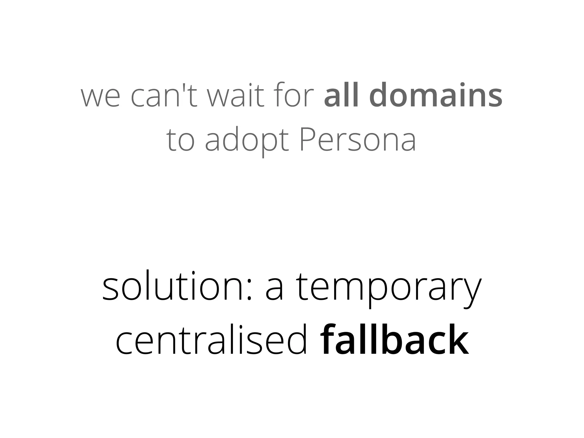 we can't wait for all domains
to adopt Persona

solution: a temporary
centralised fallback

 
