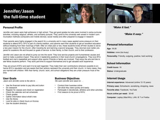 Personal Profile 
Jennifer and Jason were high achievers in high school. They got good grades but also were involved in extra-curricular activities, including religious, athletic, and scholarly pursuits. They came to the university well versed in modern communication methods (computers and mobile devices; social media) and often prepared to engage in research. 
Their parents were highly engaged in the search for a university and in many cases applied some pressure on their students to attend BYU. BYU is part of a family tradition, and parents want their students to get an excellent education without breaking from their moorings of faith. After an initial year or two, these students broke off their studies to serve a two-year mission for the church, often traveling far and learning a second language. They returned even better prepared for academic life and focused on goals of service: to their family; to their church; and to their profession. 
Jennifer and Jason are not afraid to jump out into the world. They love service projects and humanitarian causes and want to make a positive impact. They serve in leadership positions in their local church congregations. They love BYU football and men’s basketball and support other sports if friends or family are involved. They enjoy the arts and like to see fellow students perform. They work part-time to support themselves and to get valuable work experience. 
They are proud of BYU and want it to be well regarded. They make their own contributions wherever possible to enhance BYU’s reputation and are aware that their actions represent the university and their church. In many cases, they are married with children. With their family, church, work, and school obligations they are under pressure most of the time. 
Jennifer/Jason 
the full-time student 
User Goals 
Jason and Jennifer come to the site to . . . 
• Use the financial center to pay bills and tuition 
• Do classwork 
• Register for classes and check on registration 
• Check the calendar and set schedules 
• Check grades 
• Gather information about what’s new 
• Use the library 
• Look for jobs or check hours on Kronos 
• Use the student directory 
Business Objectives 
We want Jennifer and Jason to . . . 
• Conduct their business online 
• Get what they need quickly and easily 
• Participate in devotionals, athletics and other activities 
• Find reasons to be proud of BYU 
“Make it fast.” 
“Make it easy.” 
Personal Information 
Age: 18-26 
Hobbies: none (too busy) 
Personality: Friendly, outgoing, positive, hard working 
School Information 
Credit hours: 16 
Status: Undergraduate 
Internet Usage 
Internet experience: Advanced (online 12-15 years) 
Primary uses: Schoolwork, socializing, shopping, news 
Favorite sites: Facebook, YouTube 
Hours online per week: 30-40 
Computer: Laptop (Mac/Win), LAN, IE 7 or Firefox 