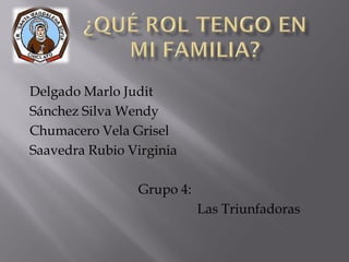 Delgado Marlo Judit
Sánchez Silva Wendy
Chumacero Vela Grisel
Saavedra Rubio Virginia
Grupo 4:
Las Triunfadoras
 