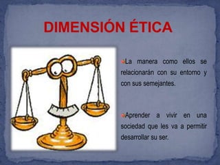 DIMENSIÓN ÉTICA

          La manera como ellos se
        relacionarán con su entorno y
        con sus semejantes.



         Aprender a vivir en una
        sociedad que les va a permitir
        desarrollar su ser.
 