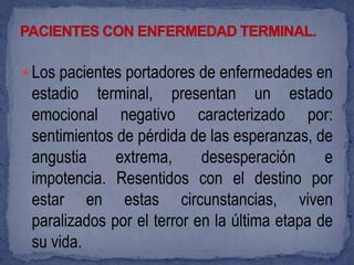  Los pacientes portadores de enfermedades en
 estadio terminal, presentan un estado
 emocional negativo caracterizado por:
 sentimientos de pérdida de las esperanzas, de
 angustia     extrema,      desesperación      e
 impotencia. Resentidos con el destino por
 estar en estas circunstancias, viven
 paralizados por el terror en la última etapa de
 su vida.
 