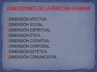 DIMENSIÓN AFECTIVA.
DIMENSIÓN SOCIAL.
DIMENSIÓN ESPIRITUAL.
DIMENSIÓN ÉTICA.
DIMENSIÓN COGNITIVA.
DIMENSIÓN CORPORAL.
DIMENSIÓN ESTÉTICA.
DIMENSIÓN COMUNICATIVA.
 
