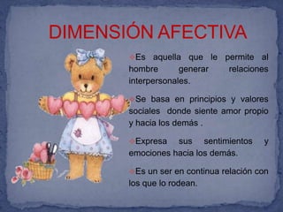 DIMENSIÓN AFECTIVA
       Es    aquella que le permite al
       hombre        generar  relaciones
       interpersonales.

       Se basa en principios y valores
       sociales donde siente amor propio
       y hacia los demás .

       Expresa   sus sentimientos      y
       emociones hacia los demás.

       Es un ser en continua relación con
       los que lo rodean.
 