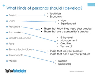 + What kinds of personas should I develop?
 Buyers
 Users
 Prospects
 Job seekers
 Industry influencers
 Fans
 Service technicians
 Salespeople
 Media
Twitter: @topfloortech
• Technical
• Economic
• New
• Experienced
• Entry-level
• Management
• Creative
• Technical
• Dealers
• Distributors
• Those that like your product
• Those that don’t like your product
• Those that know they need your product
• Those that use a competitor’s product
 
