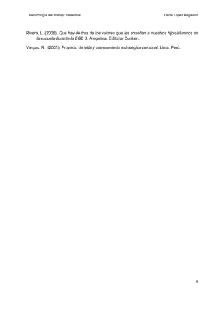 Metodología del Trabajo Intelectual

Oscar López Regalado

Rivera, L. (2006). Qué hay de tras de los valores que les enseñan a nuestros hijos/alumnos en
la escuela durante la EGB 3. Aregntina: Editorial Dunken.
Vargas, R. (2005). Proyecto de vida y planeamiento estratégico personal. Lima, Perú.

8

 