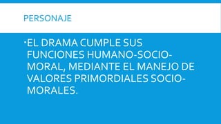 PERSONAJE
EL DRAMA CUMPLE SUS
FUNCIONES HUMANO-SOCIO-
MORAL, MEDIANTE EL MANEJO DE
VALORES PRIMORDIALES SOCIO-
MORALES.
 