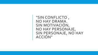 "SIN CONFLICTO ,
NO HAY DRAMA.
SIN MOTIVACIÓN,
NO HAY PERSONAJE,
SIN PERSONAJE, NO HAY
ACCIÓN"
 