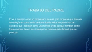 TRABAJO DEL PADRE
El va a trabajar como un empresario en una gran empresa que trata de
tecnología en como estilo de torre donde todos los pisos son de
estudios que trabajan como una familia unida aunque también como
toda empresa tienen sus roses por el mismo estrés laboral que se
provoca.
 