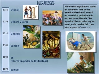 Otoniel Débora y Barac Gedeón Sansón Elí (El arca en poder de los filisteos) Samuel Al no haber expulsado a todos los cananeos, la fe de los israelitas disminuyó y entró en uno de los periodos más oscuros de su historia. “En aquellos días no había rey en Israel; cada uno hacía lo que bien le parecía”  (Jueces, 17: 6) 1356 1258 1211 1101 1099 1079 LOS JUECES 