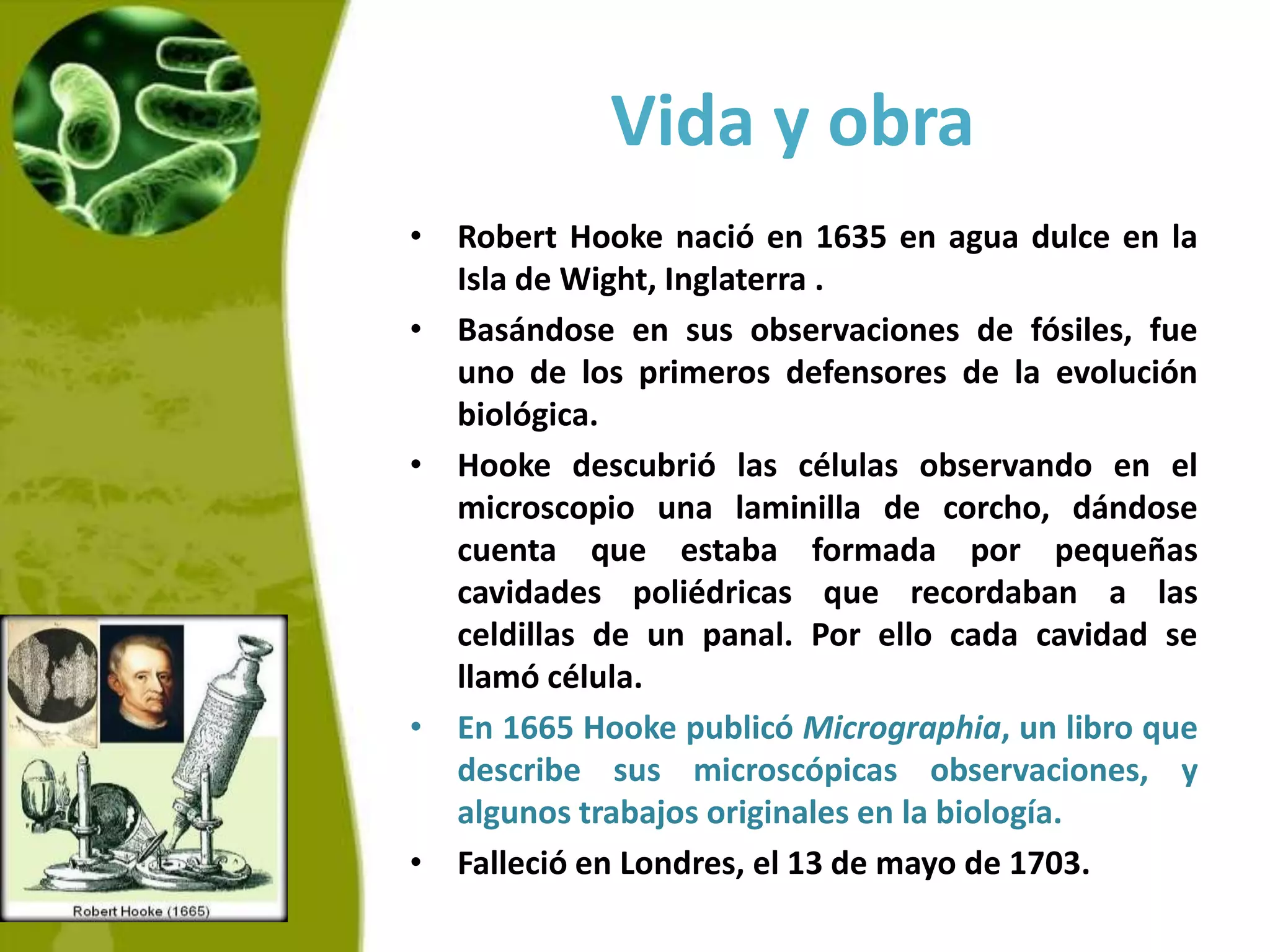 Vida y obraRobert Hooke nació en 1635 en agua dulce en la Isla de Wight, Inglaterra.Basándose en sus observaciones de fósiles, fue uno de los primeros defensores de la evolución biológica.Hooke descubrió las células observando en el microscopio una laminilla de corcho, dándose cuenta que estaba formada por pequeñas cavidades poliédricas que recordaban a las celdillas de un panal. Por ello cada cavidad se llamó célula.En 1665 Hooke publicó Micrographia, un libro que describe sus microscópicas observaciones, y algunos trabajos originales en la biología.Falleció en Londres, el 13 de mayo de 1703.