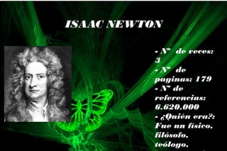 - Nº de veces:
3
- Nº de
paginas: 179
- Nº de
referencias:
6.620.000
- ¿Quién era?:
Fue un físico,
filósofo,
teólogo,
ISAAC NEWTON
 