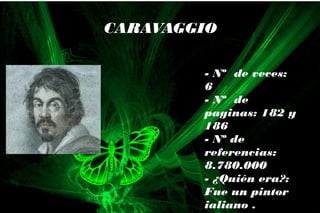 - Nº de veces:
6
- Nº de
paginas: 182 y
186
- Nº de
referencias:
8.780.000
- ¿Quién era?:
Fue un pintor
ialiano .
CARAVAGGIO
 