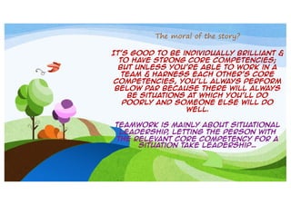 The moral of the story?
It’s good to be individually brilliant &
to have strong core competencies;
but unless you’re able to work in a
team & harness each other’s core
competencies, you’ll always perform
below par because there will always
be situations at which you’ll do
poorly and someone else will do
well.
Teamwork is mainly about situational
leadership letting the person with
,
the relevant core competency for a
situation take leadership…

 